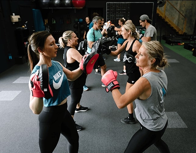 Men, Women and exercise trainers doing boxing workout